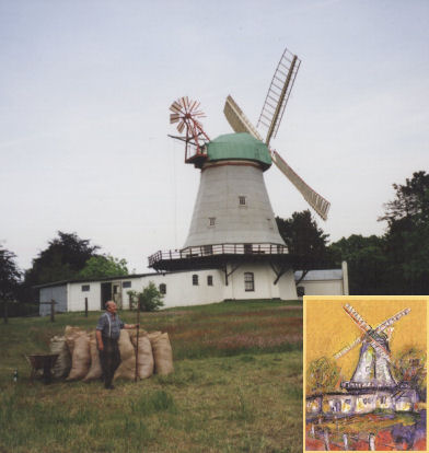 Foto der Arberger Mühle mit Fritz Mysegades sowie ein Aquarell der Malerin Beate Widemann