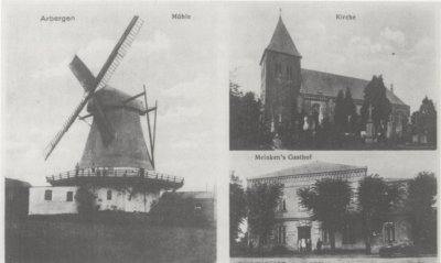 Postkarte mit dem Arberger Dreigestirn Windmühle, Kirche und Gaststätte, um 1928